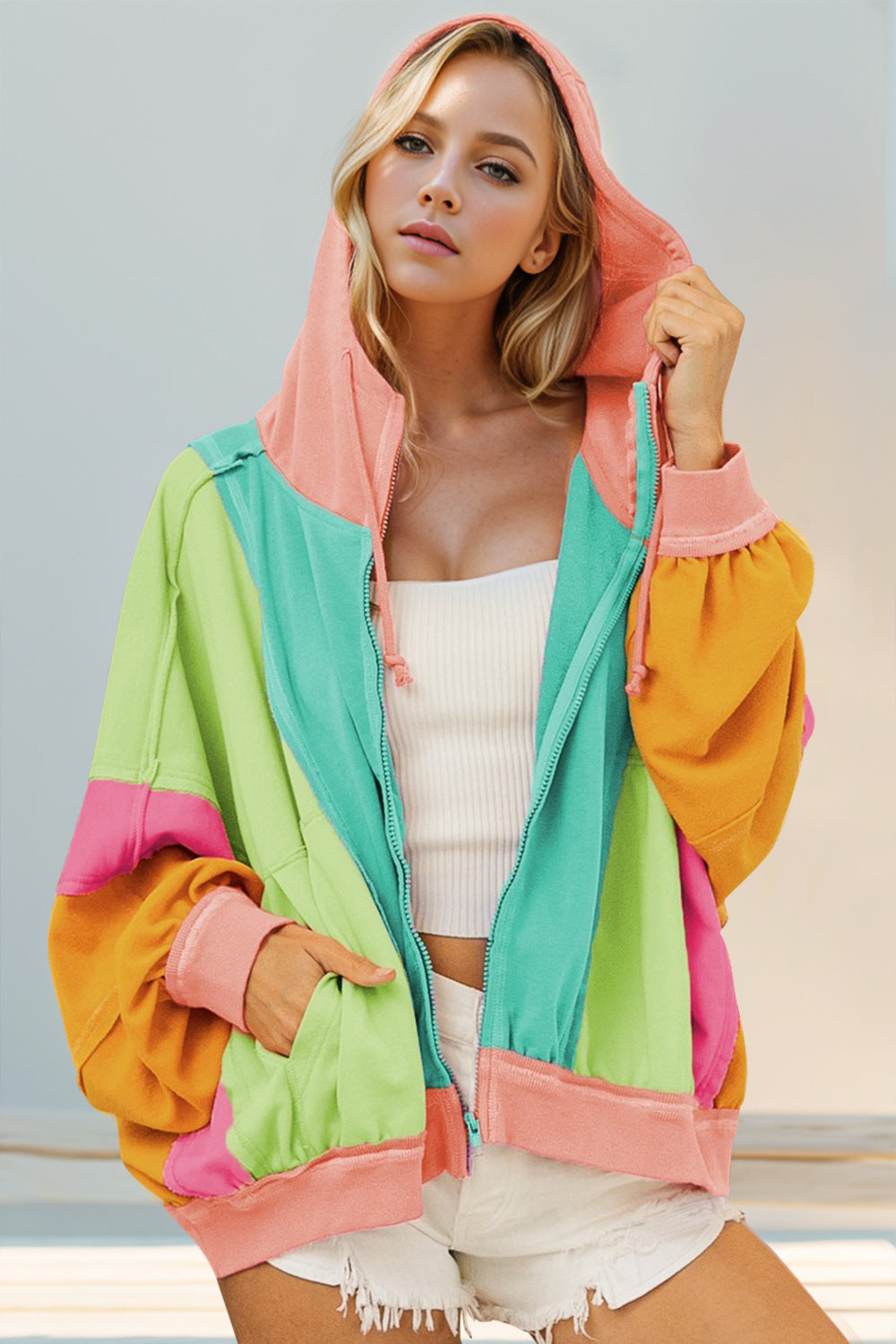 Double Take Women’s Full Size Color Block Long Sleeve Zip Up Hoodie Cotton Polyester Size S-3XL