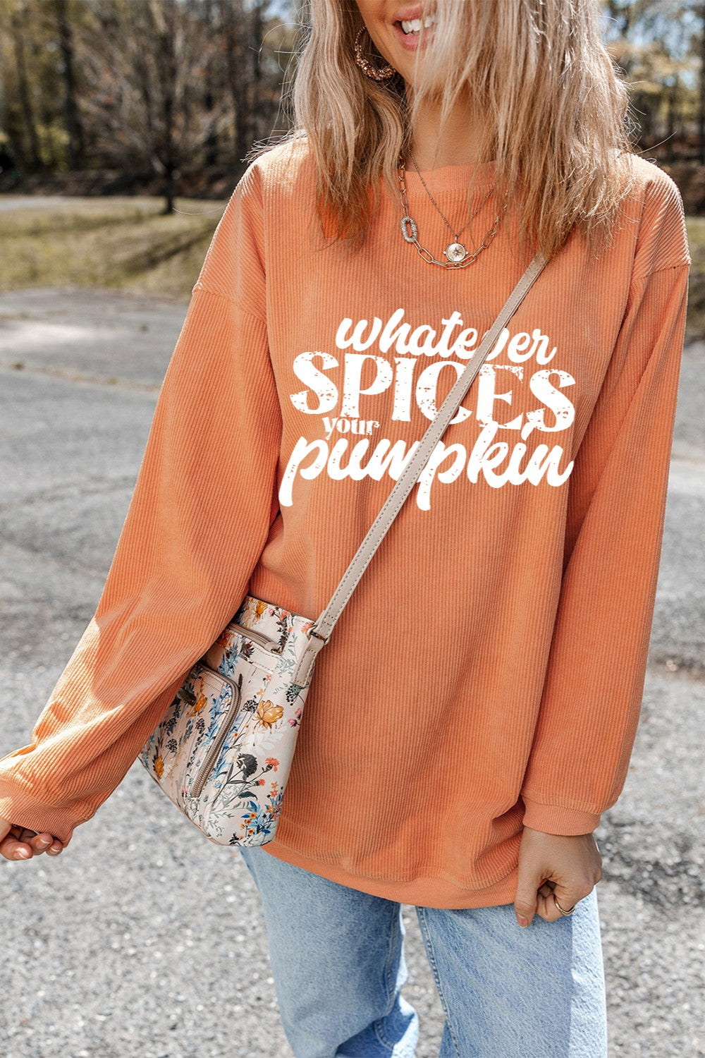 Blueberi B Women's Letter Graphic Round Neck Long Sleeve Oversize Sweatshirt Polyester Size S-2XL