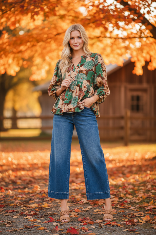 Umgee Mix Floral Peplum Blouse with Tie Neck | Rayon Nylon Blend | S-L | Brown Mix