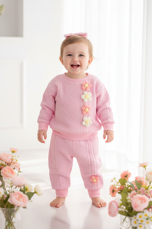 Blueberi B Baby Girls Cable-Knit 3D Flower Top & Pants Set | 95% Polyester | Sizes 3-6M–2-3Y