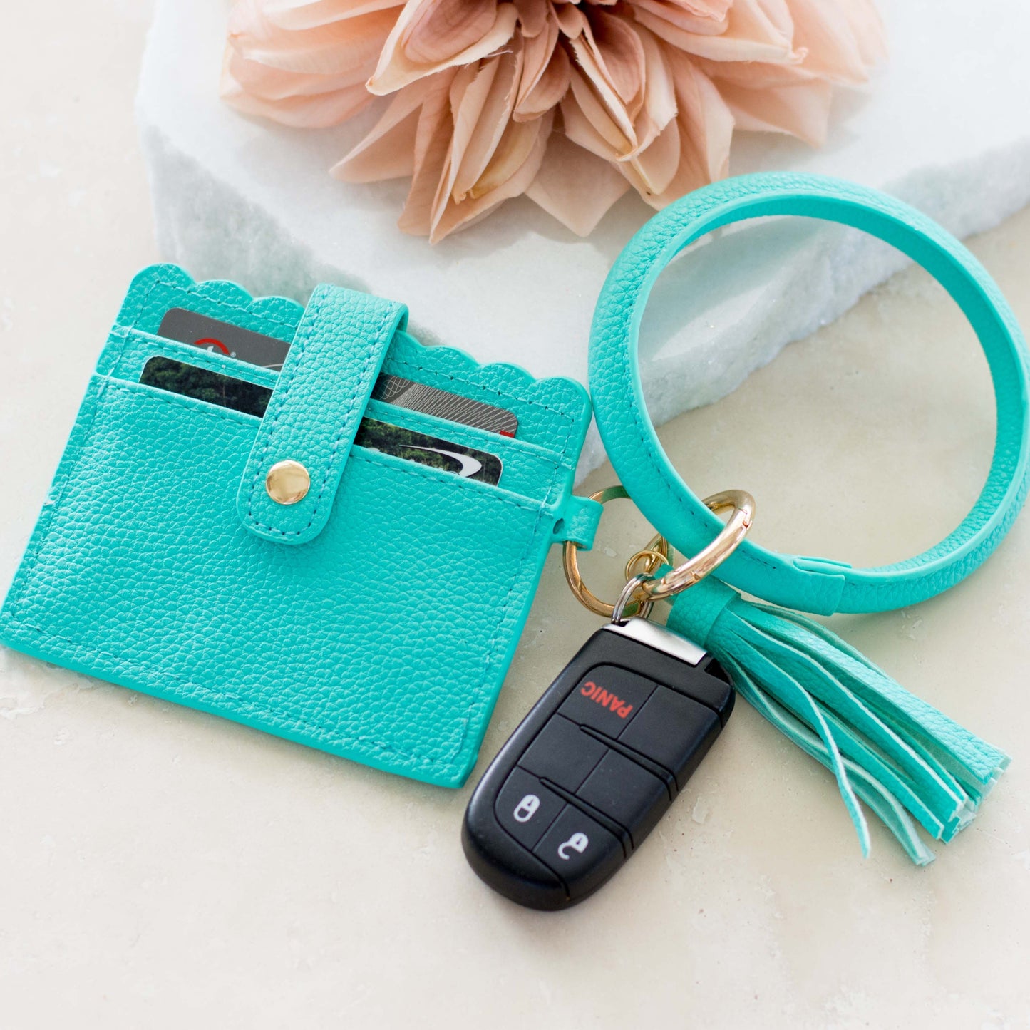 Gold Hardware Clear ID Slot Card Wallet Button Snap Tassel Key Ring Bracelet | 4.5" x 4"