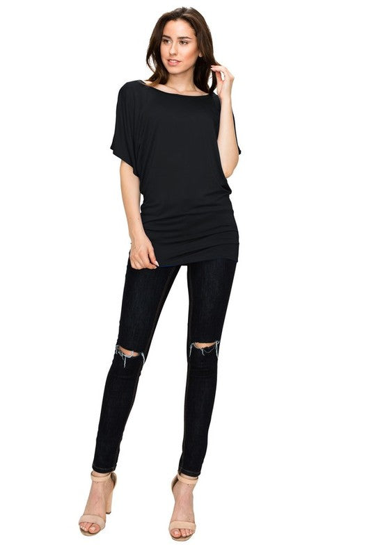 Women's Boat Neck Dolman Sleeve Solid Top with Roushed Bottom
