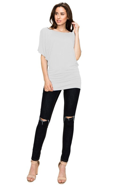 Women's Boat Neck Dolman Sleeve Solid Top with Roushed Bottom
