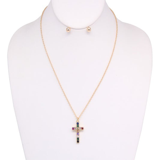 Rhinestone Cross Necklace and Earring Set