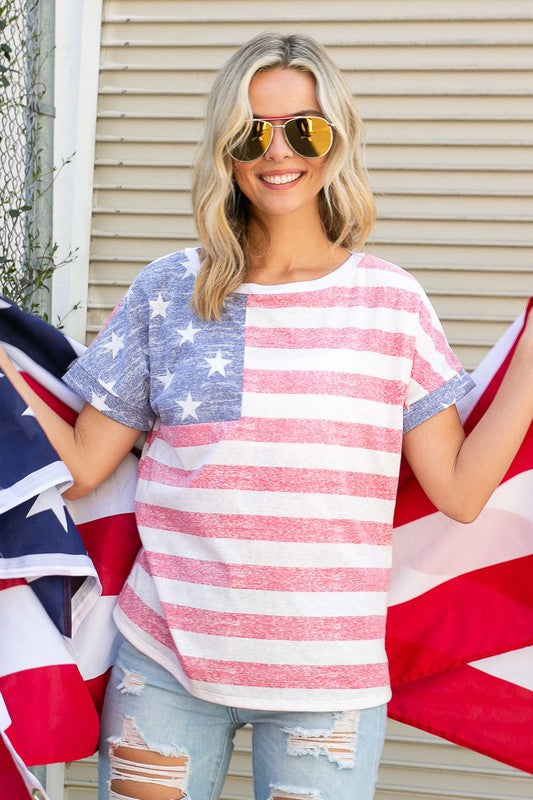 Women's American Flag Striped Tee Shirt Top in Pastel Colors