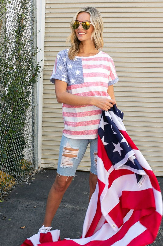Women's American Flag Striped Tee Shirt Top in Pastel Colors