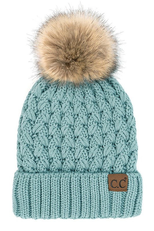 CC Beanie Lattice Crossover Stitch Pattern Beanie Hat with Pom