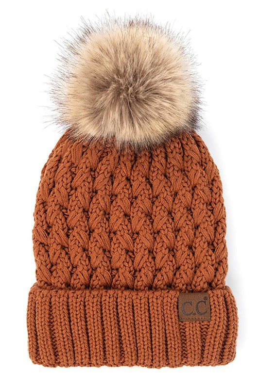 CC Beanie Lattice Crossover Stitch Pattern Beanie Hat with Pom
