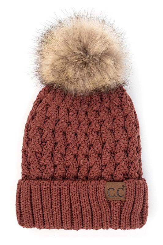 CC Beanie Lattice Crossover Stitch Pattern Beanie Hat with Pom