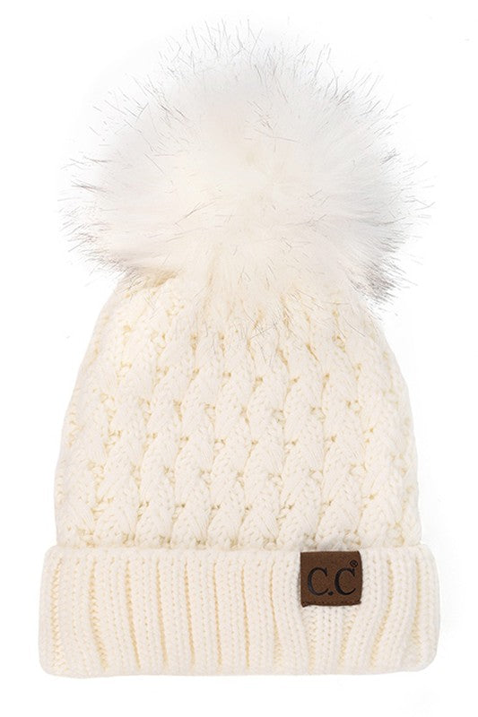 CC Beanie Lattice Crossover Stitch Pattern Beanie Hat with Pom