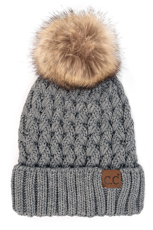 CC Beanie Lattice Crossover Stitch Pattern Beanie Hat with Pom