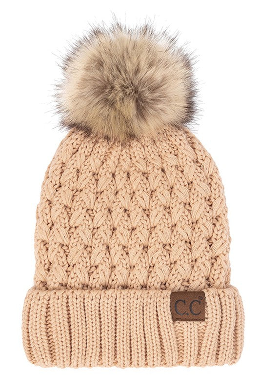 CC Beanie Lattice Crossover Stitch Pattern Beanie Hat with Pom