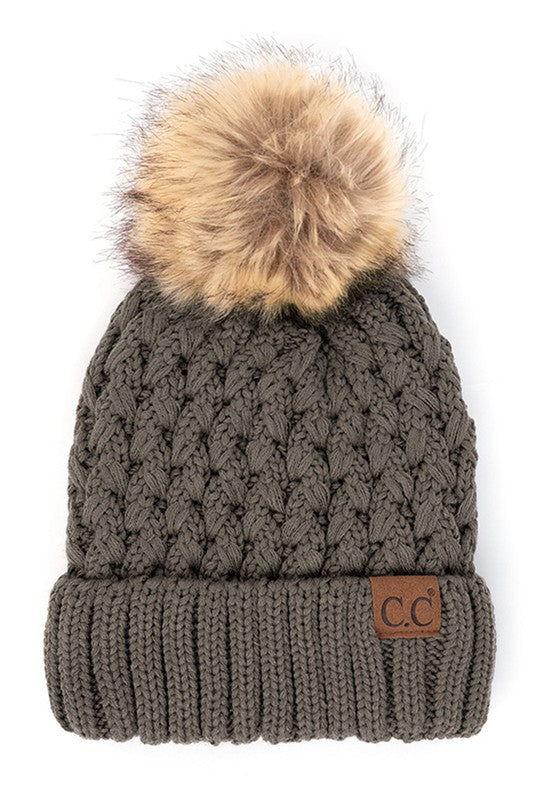 CC Beanie Lattice Crossover Stitch Pattern Beanie Hat with Pom