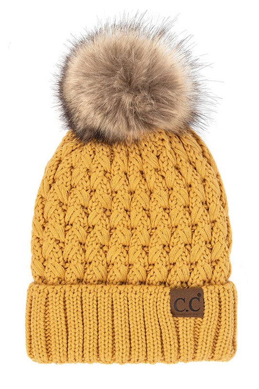 CC Beanie Lattice Crossover Stitch Pattern Beanie Hat with Pom