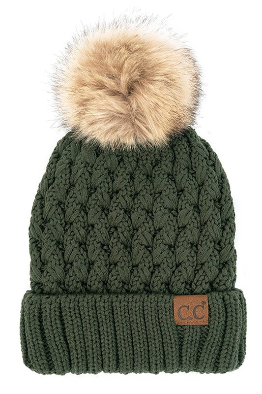 CC Beanie Lattice Crossover Stitch Pattern Beanie Hat with Pom