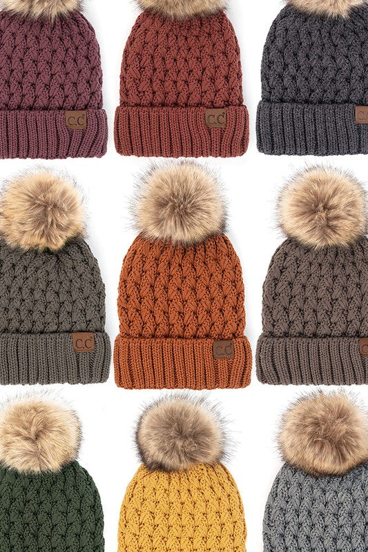 CC Beanie Lattice Crossover Stitch Pattern Beanie Hat with Pom