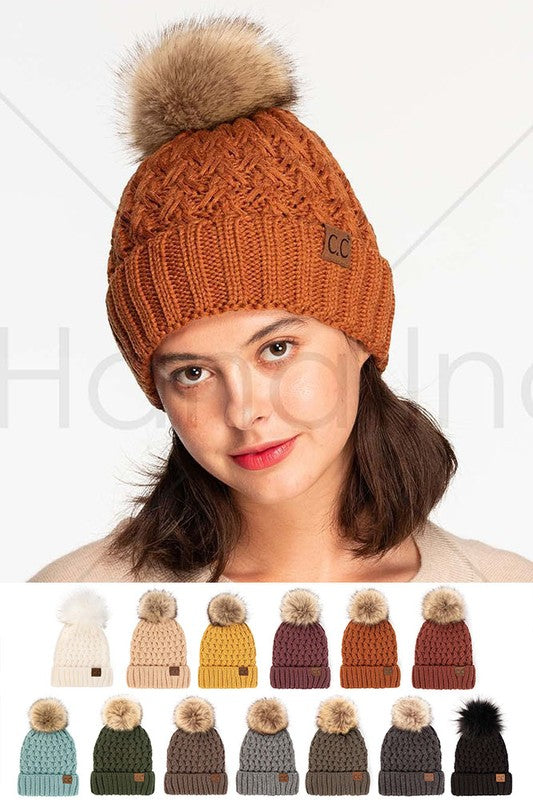 CC Beanie Lattice Crossover Stitch Pattern Beanie Hat with Pom