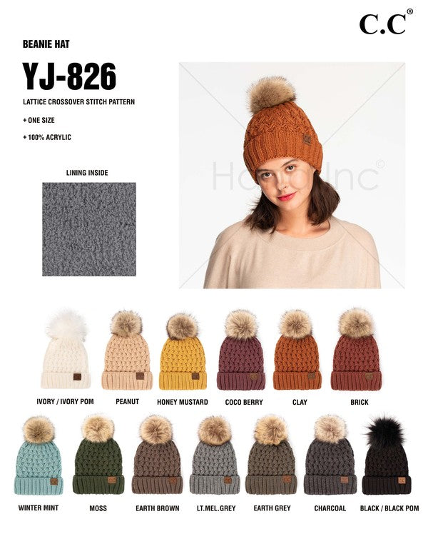 CC Beanie Lattice Crossover Stitch Pattern Beanie Hat with Pom
