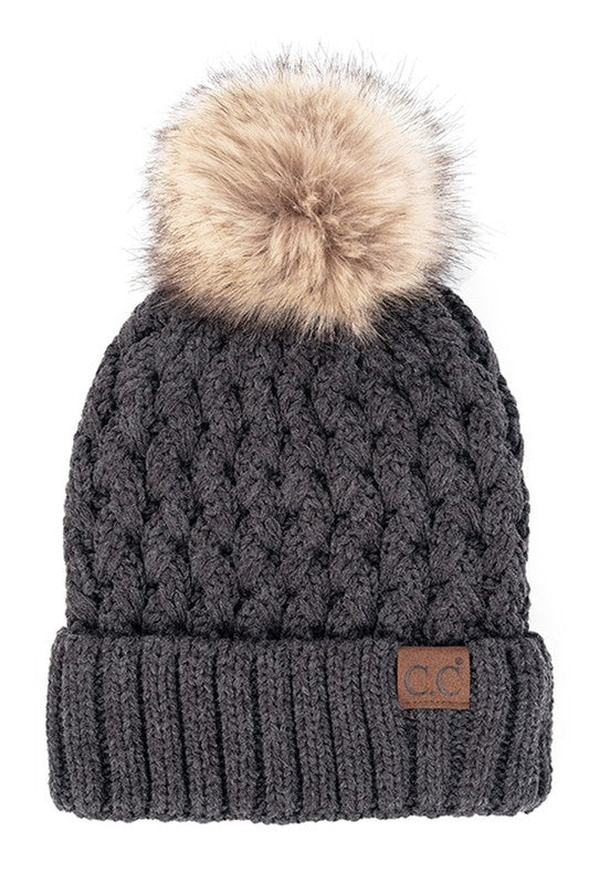 CC Beanie Lattice Crossover Stitch Pattern Beanie Hat with Pom