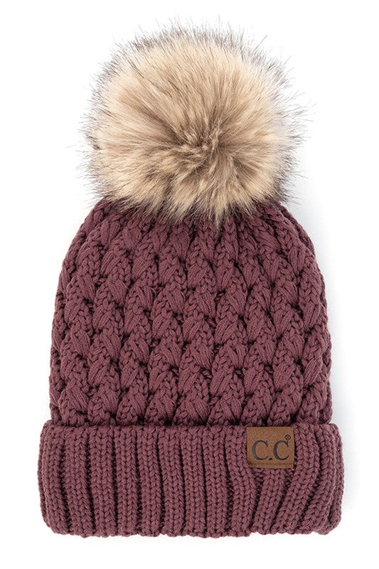 CC Beanie Lattice Crossover Stitch Pattern Beanie Hat with Pom