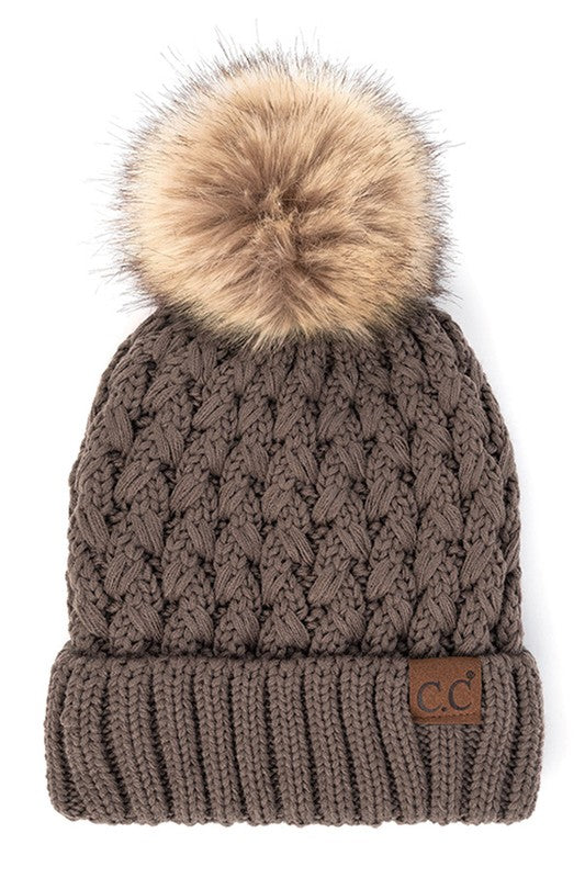 CC Beanie Lattice Crossover Stitch Pattern Beanie Hat with Pom
