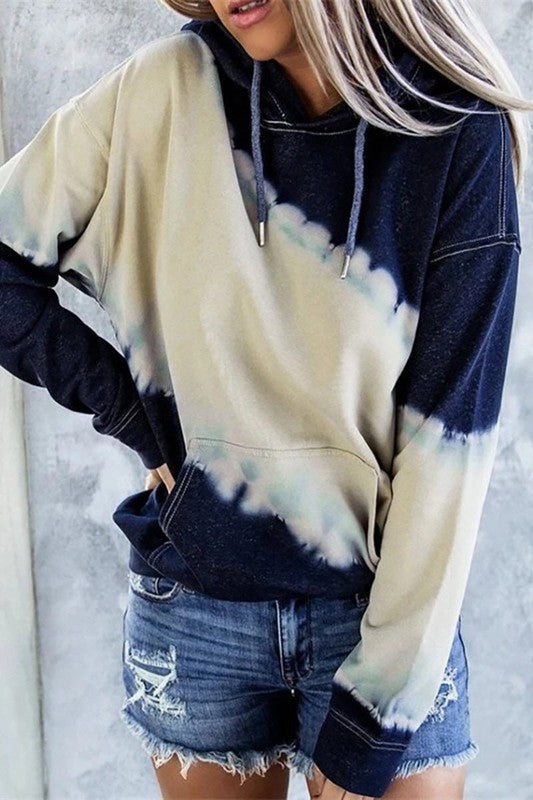 Women's Long Sleeved Tie Dyed Hoodie with Draw String Trim in Navy & White Polyester Size S-XL