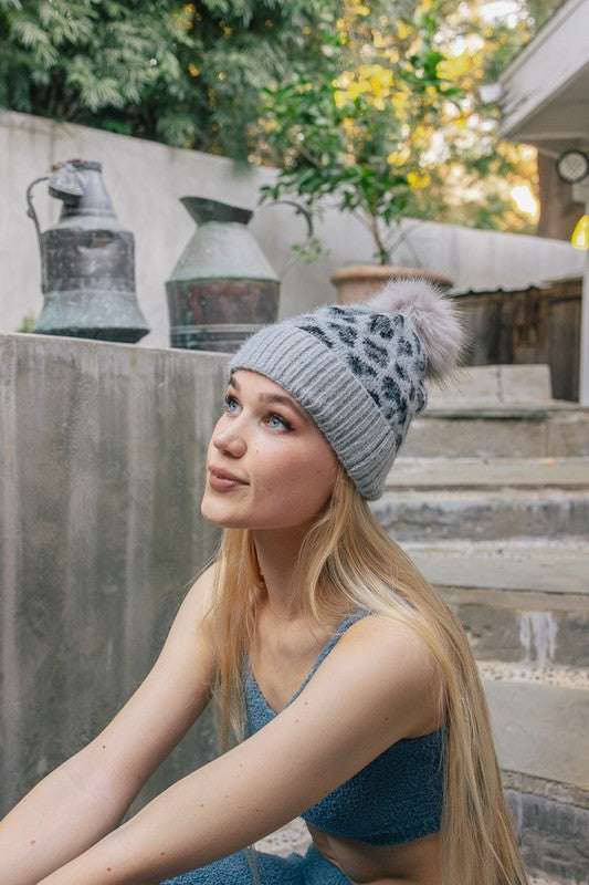 Leopard Knit Beanie Hat with Pom Pom