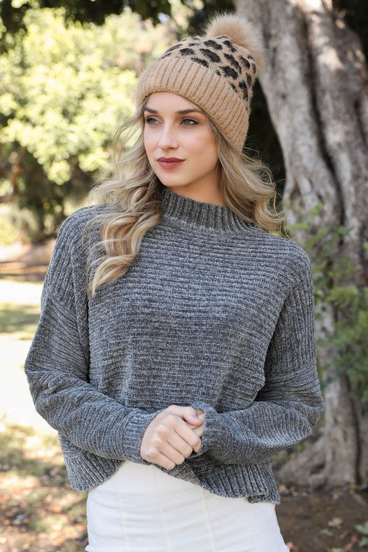 Leopard Knit Beanie Hat with Pom Pom