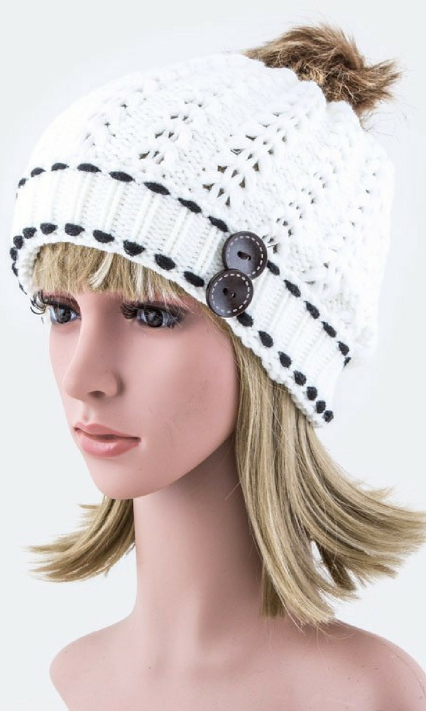 Button Accent Beanie with Faux Fur Pom Pom