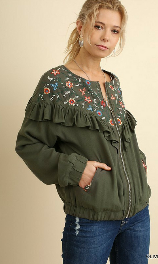 Umgee Women's Ruffled Zipper Front Jacket with Floral Embroidered Detail