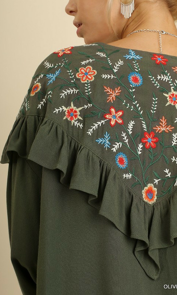 Umgee Women's Ruffled Zipper Front Jacket with Floral Embroidered Detail