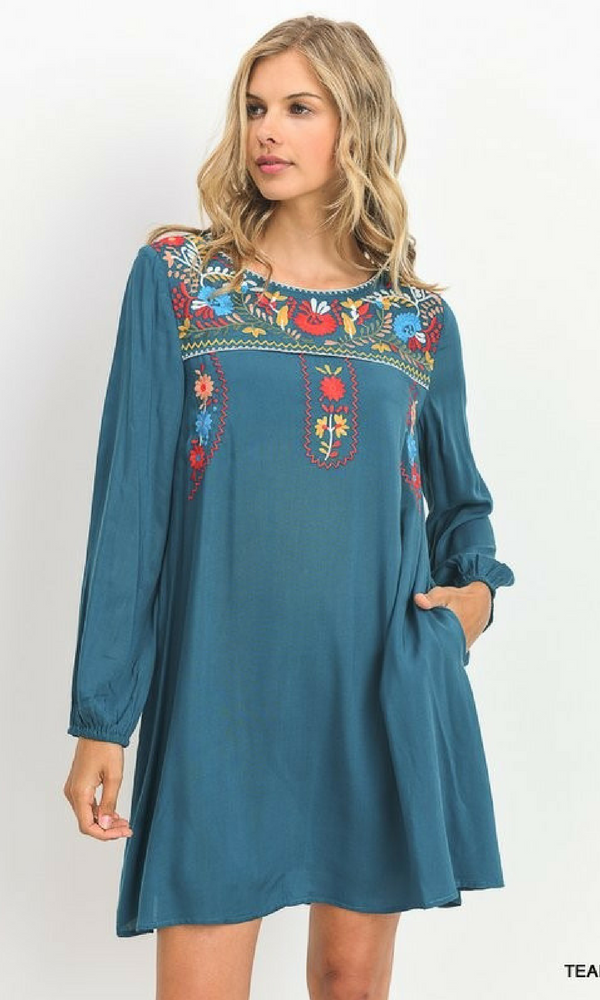 Solid Dress with Embroidered Yoke Blueberi Boutique