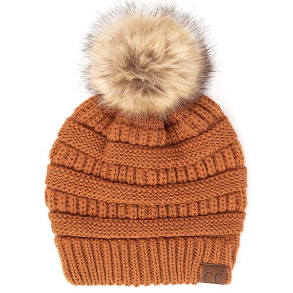 CC Beanie Solid Ribbed Beanie with Faux Fur Pom