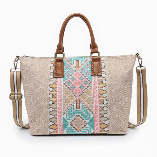 JoJo Satchel Aztec Woven Printed Handbag with Vegan Leather Trim Jen & Co