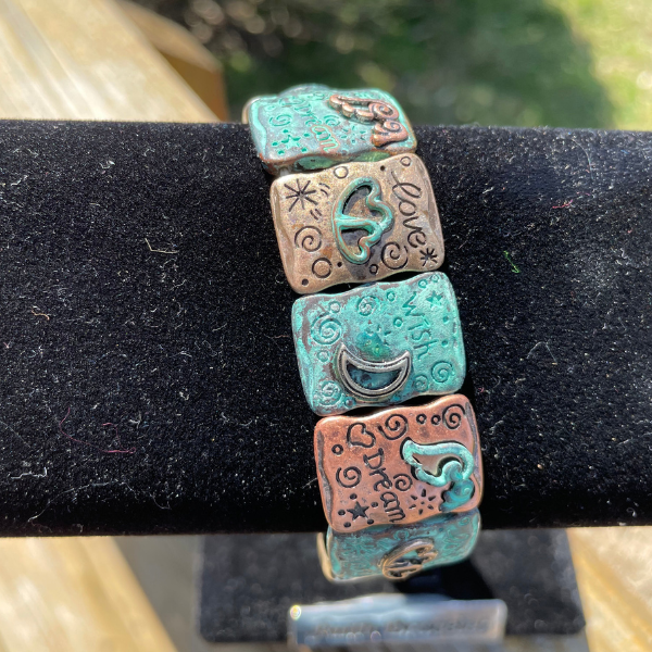 Silver Copper Patina Stretch Bracelet with Inspirational Words & Hearts