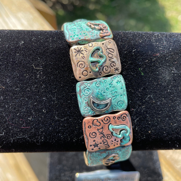 Silver Copper Patina Stretch Bracelet with Inspirational Words & Hearts