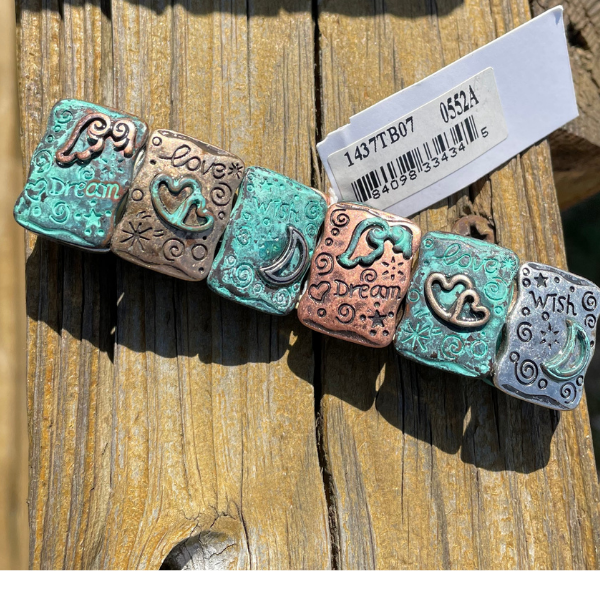 Silver Copper Patina Stretch Bracelet with Inspirational Words & Hearts