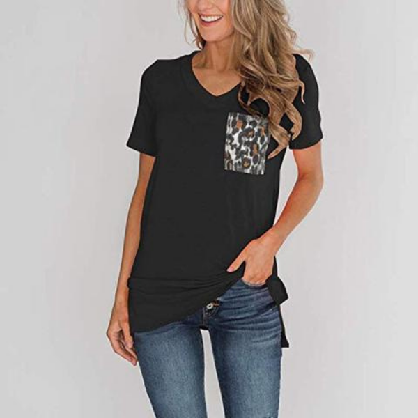 Women's Short Sleeve Round Neck Jersey Knit Top with Leopard Print Pocket