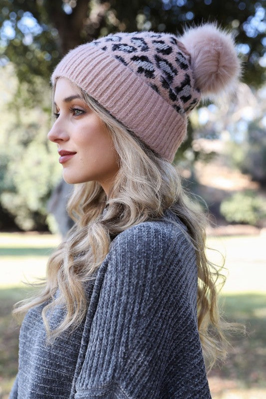 Leopard Knit Beanie Hat with Pom Pom