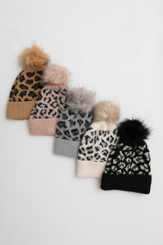 Leopard Knit Women’s Beanie Hat with Pom Pom Acrylic One Size