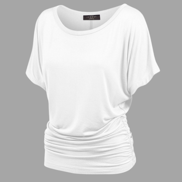 Women's Boat Neck Dolman Sleeve Solid Top with Roushed Bottom