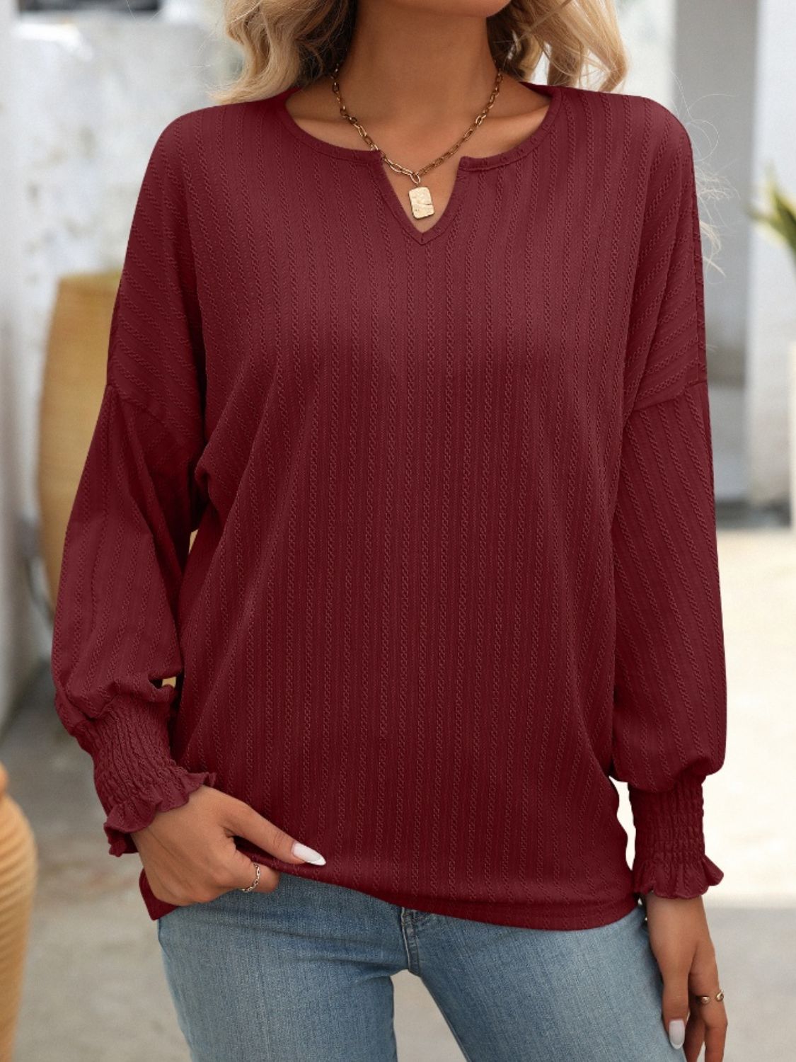 Blueberi B Women's Textured Notched Lantern Sleeve T-Shirt Polyester Spandex Size S-2XL