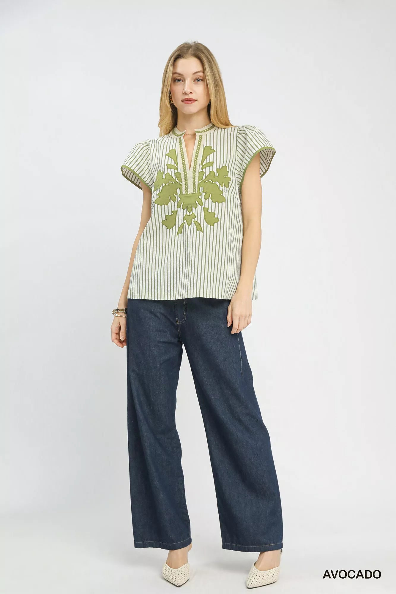 Blueberi Boutique Umgee v-neck stripe top lace trim avocado color short sleeves wide leg jeans