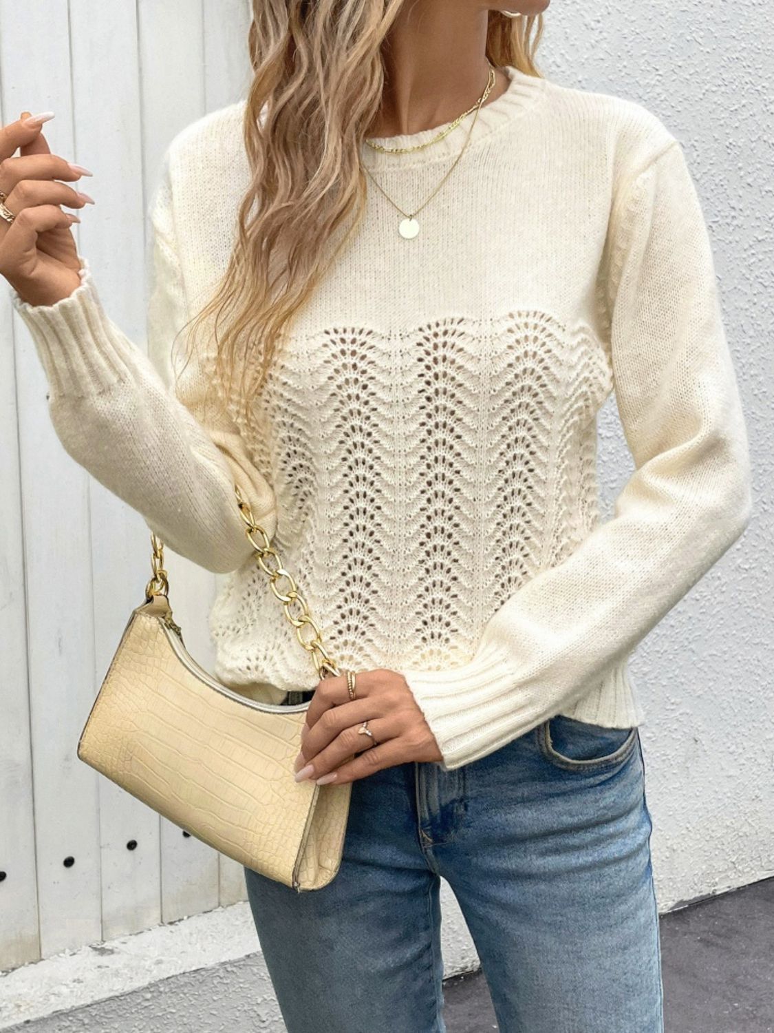 Blueberi B Women's Openwork Round Neck Long Sleeve Sweater Polyester Size S-L