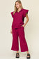 Double Take Women’s Texture Ruffle Short Sleeve Top and Drawstring Wide Leg Pants Set Polyester Spandex Size S-3XL