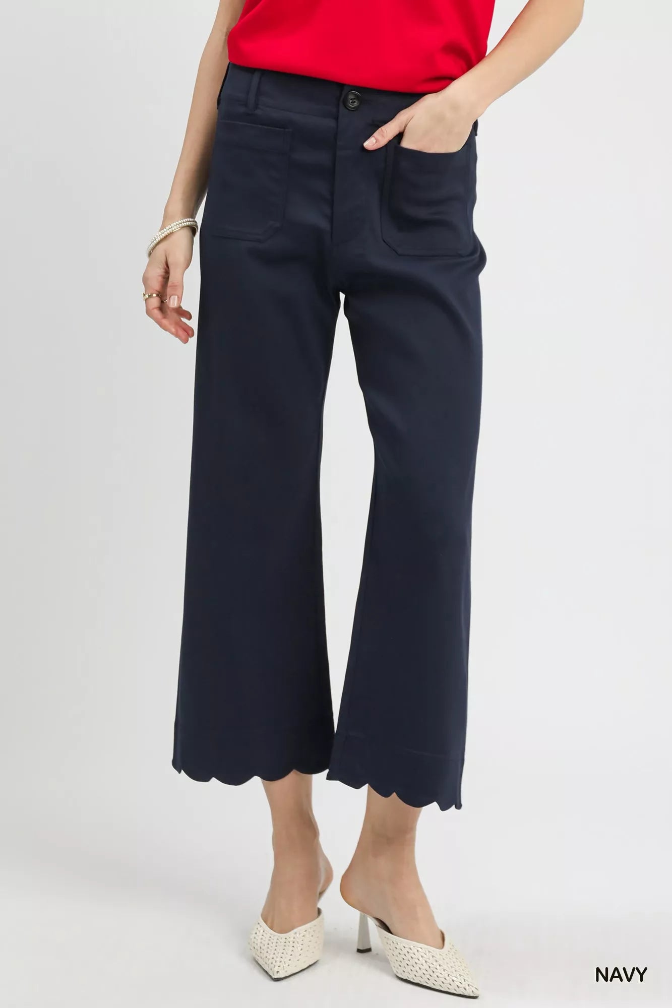 Umgee navy scallop hem wide leg pants with pocket detail at Blueberi Boutique
