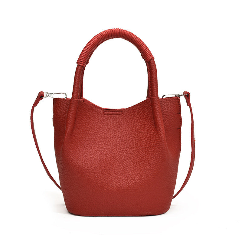 Drew Soft Pebbled Vegan Leather Mini Bucket Crossbody Tote with Removable Mini Pouch | Black, Bone, Red