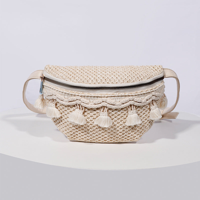 Esme Woven Straw Vegan Leather Polyester Lined Macrame Tassel Crossbody Sling Bag