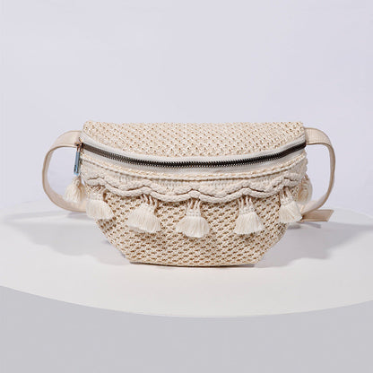 Esme Woven Straw Vegan Leather Polyester Lined Macrame Tassel Crossbody Sling Bag