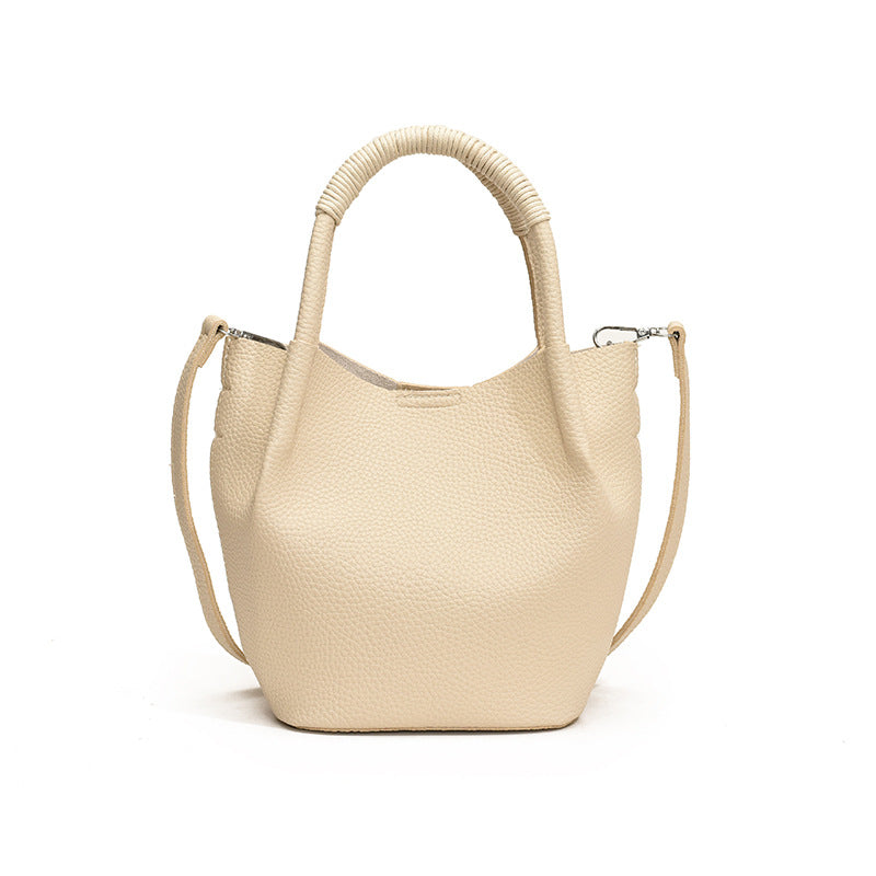Drew Soft Pebbled Vegan Leather Mini Bucket Crossbody Tote with Removable Mini Pouch | Black, Bone, Red